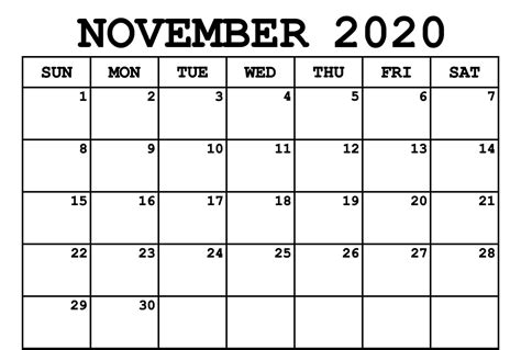 Blank Calendar Template November 2020 Calendar Word Blank Monthly