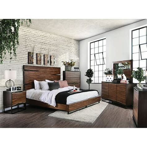 Contemporary Dark Walnut Finish Bedroom Furniture 4piece Queen Size Set