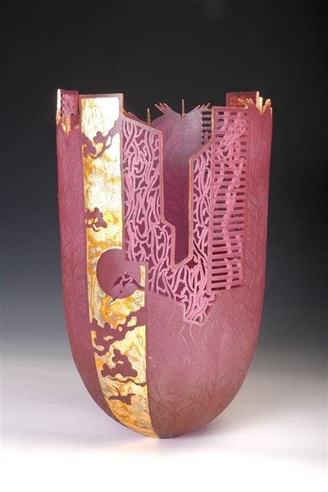 Binh Pho Hugh Mckay Between Worlds Cerise Cast Glass Vase Gols Leaf Glass Art Hand