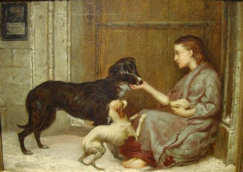 Fine 19th Century English Genre Scene Girl And Dogs Charity Oil Painting
