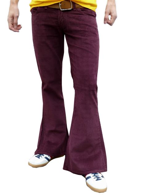 Mens Flares Burgundy Red Corduroy Flared Bell Bottoms Pants Hippie
