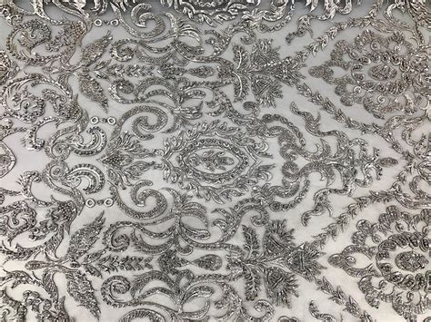 Silver Embroidered And Heavily Beaded Lace Fabric Available By The Yard