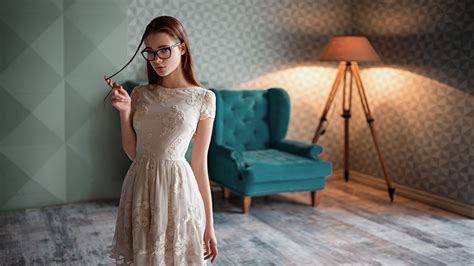 Wallpaper Women With Glasses Chair Lamp Dress Looking At Viewer Model Nipple Through