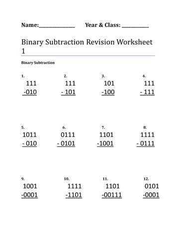 Binary Addition And Subtraction Teaching Resources