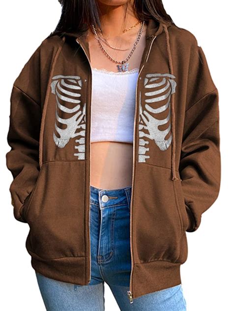 Jyyybf Womens Y2k Skeleton Zip Up Hoodies Rhinestone Graphic Oversized