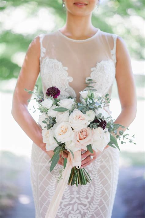Blush Bridal Bouquet With Pops Of Burgundy Structured With Organic