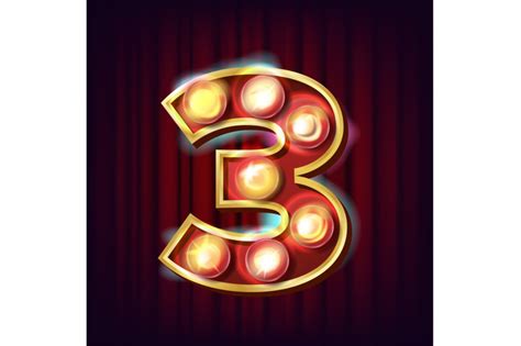 3 Number Vector. Three Font Marquee Light Sign. Realistic Retro Shine ...