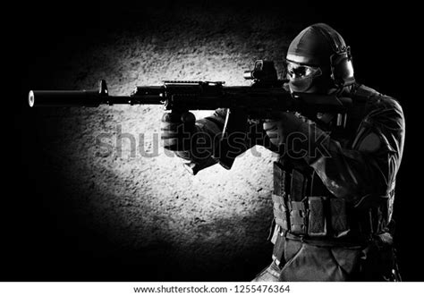 Special Unit Soldier Stands Gun His Stock Photo 1255476364 Shutterstock