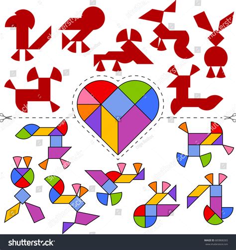 Vector Tangram Heart Geometric Puzzle Collection เวกเตอร์สต็อก ปลอด
