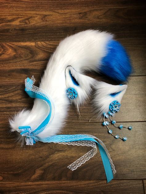 Kitsune Fox Ears And Tail Set Blue Inari Anime Cosplay Etsy
