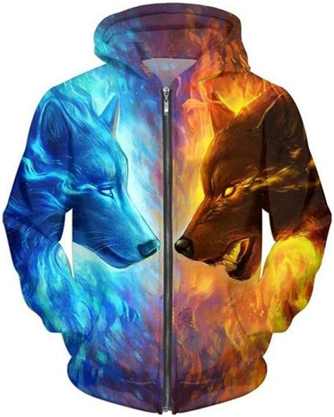 Ice And Fire 3d Wolf Zipper Hoodies Unisex Zip Up Sweatshirts Men Hoodies Hooded Cardigan Casual