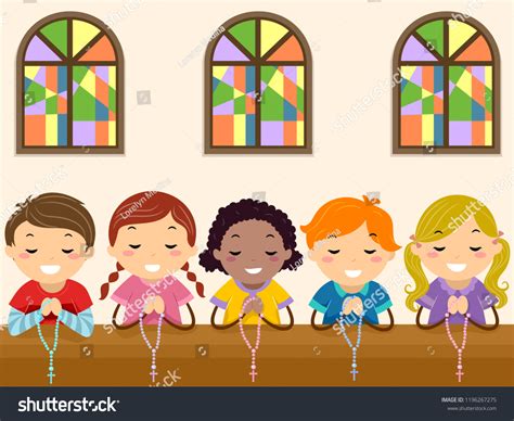 Illustration Stickman Kids Kneeling Praying Rosary Stock Vektor