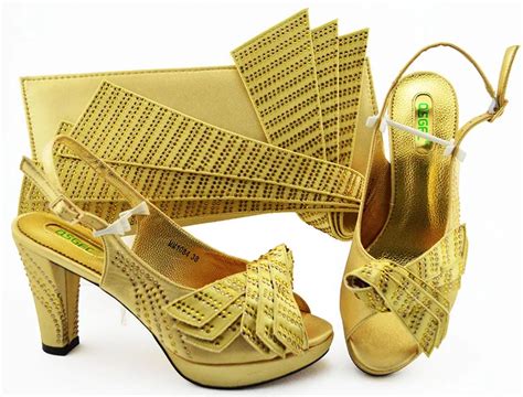 Newest Women Gold Italian African Party Pumps Shoes And Bag Set Decorated With Crystal Nigerian