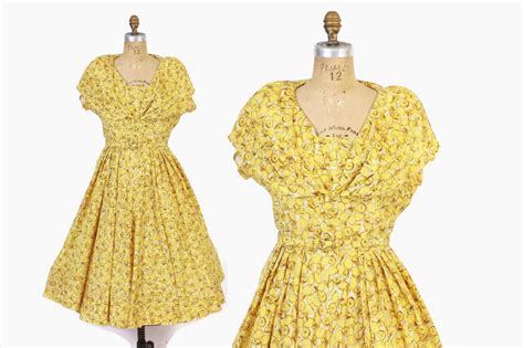 Vintage 50s Lemon Dress 1950s Novelty Citrus Print Belted