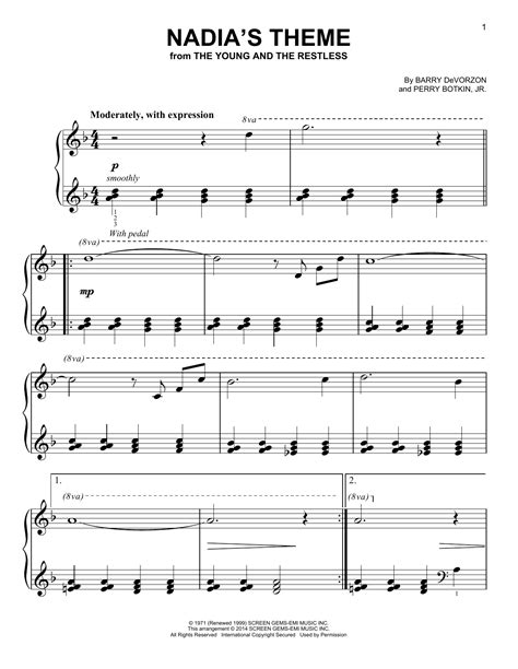 Nadias Theme Sheet Music Barry Devorzon And Perry Botkin Jr Easy Piano