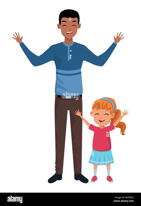 Familia Padre Soltero Con Una Hija Pequeña Caricatura Imagen Vector De