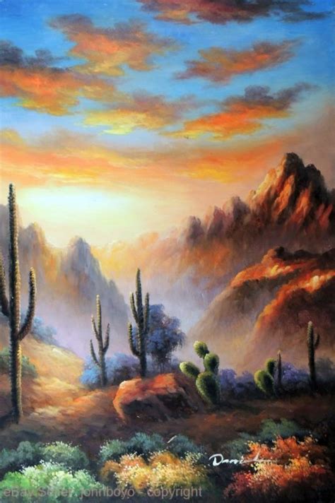 Painting Southwest Desert Sunset Saguaro Cactus Landscape