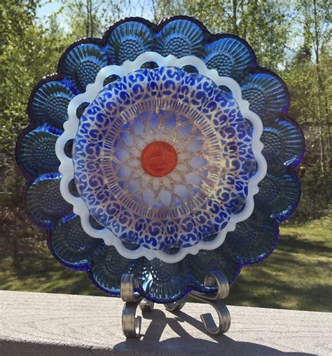 Repurposed Vintage Glass Plate Suncatcher Outdoor Yard Garden Art By