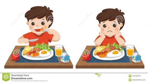 Little Boy Happy And Unhappy To Eat Breakfast Stock Vector