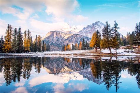 Autumn Winter Landscape With Lake On Lago Antrno Dolomites Italy In