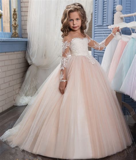 Blush Ball Gown Flower Girl Dresses For Weddings Sheer Lace Appliques