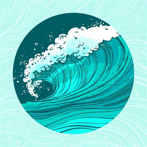 Sketch Sea Ocean Water Wave In Circle Shape Colored Background Vector