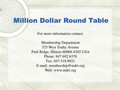 Mdrt is a culmination of top insurance agents from more than 500 leading insurance companies throughout the world. PPT - MILLION DOLLAR ROUND TABLE PowerPoint Presentation ...