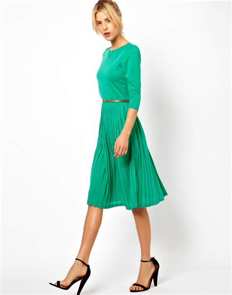 Asos Midi Dress With Pleated Skirt In Green Lyst