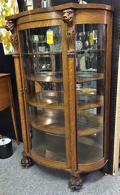 Photos Oak Curved Glass Curio Cabinet With Claw Feet And Lions Head