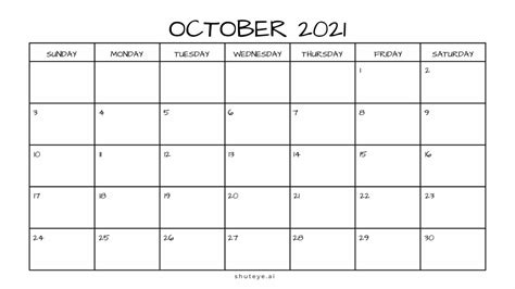 100 Printable October Calendar Ideas Free Calendars 2021 Shuteye