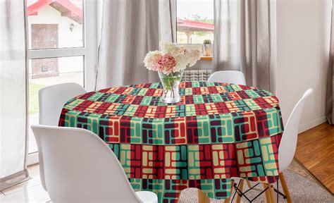 Geometric Round Tablecloth Colorful Illustration With Stripes And
