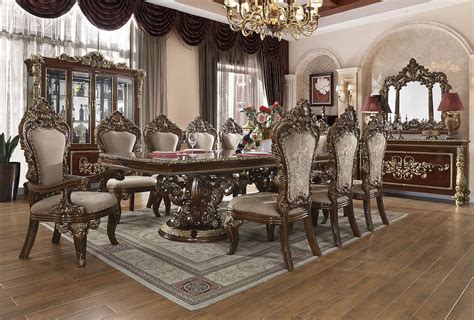 Hd 1803 Homey Design Long Dining Table Victorian Style Burl And Metallic