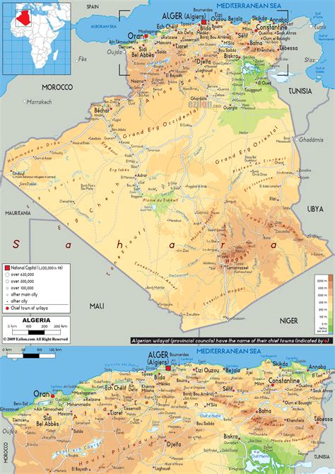 Large Physical Map Of Algeria With Roads Cities And Airports Algeria