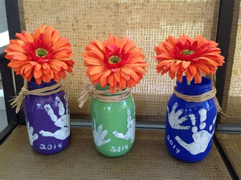Mothers Day Vases Mason Jars With Acrylic Paint Handprints Of Kids
