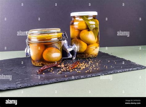 Two Jars Of Eggs Pickled In Dark Malt Vinegar Landscape With Copyspace