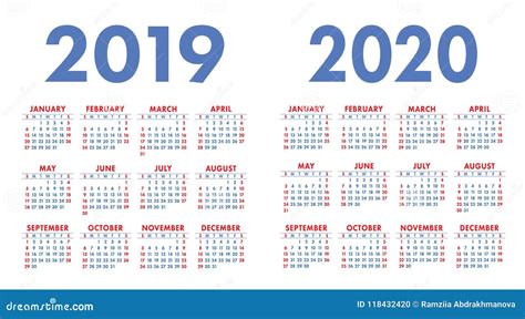 Calendário 2019 2020 Anos Grupo Do Calendário Começos Da Semana Em