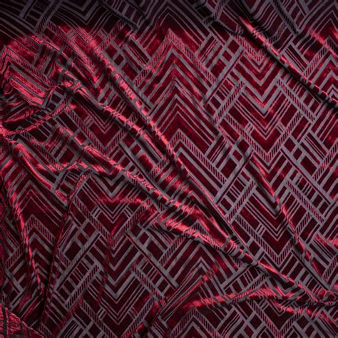 Cali Fabrics Wine Geometric Art Deco On Black Burnout Stretch Velvet