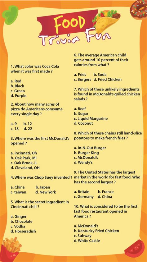 Printable Food Trivia Questions And Answers Food Quiz Quiz Questions