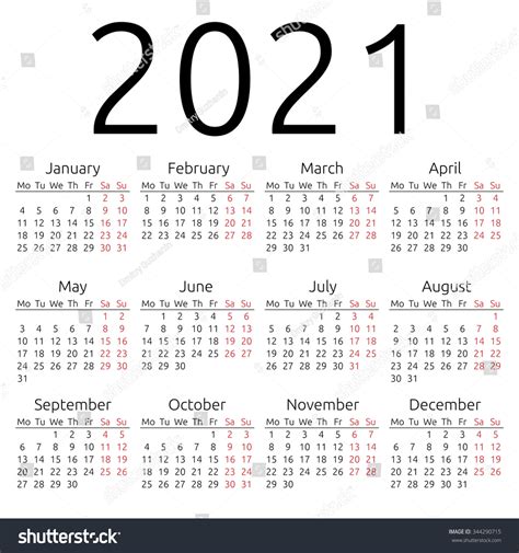 Simple 2021 Year Calendar Week Starts Stock Illustration 344290715