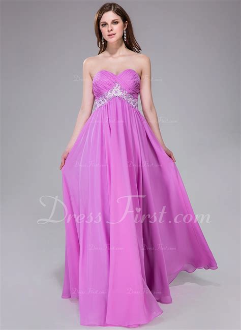 Empire Sweetheart Floor Length Chiffon Prom Dress With Ruffle Sash Beading Appliques Lace