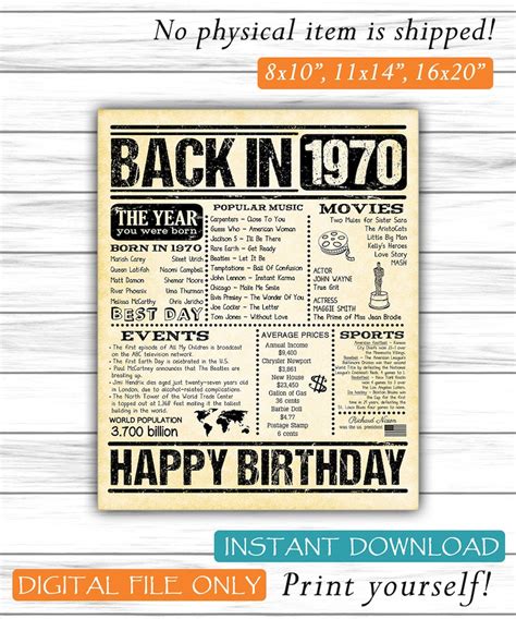 1970 Birthday Newspaper Usa Birthday Party Poster Printable Etsy