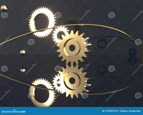 Gears Flying Metal Spheres And Gold Rings Engine Mechanical Parts