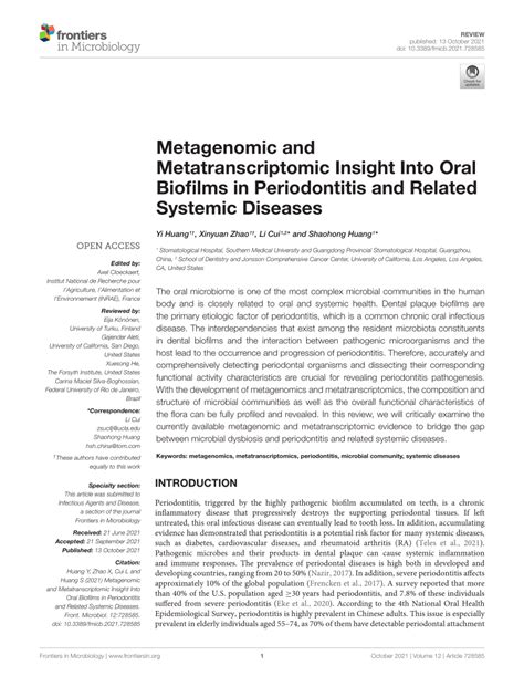 Pdf Metagenomic And Metatranscriptomic Insight Into Oral Biofilms In Periodontitis And Related