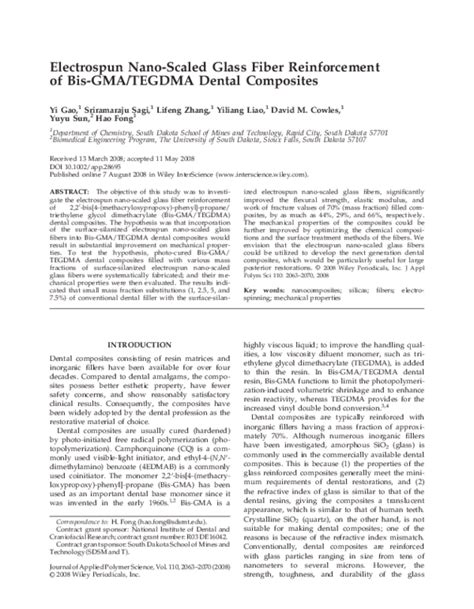 Pdf Electrospun Nano Scaled Glass Fiber Reinforcement Of Bis Gma