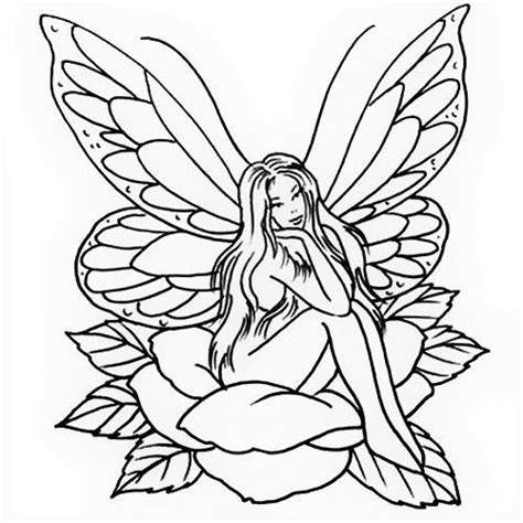 Outline Dreaming Fairy Sitting On Rose Bud Tattoo Design