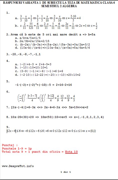 Teza Matematica Clasa 6 Sem 2 Varianta 1 Algebra