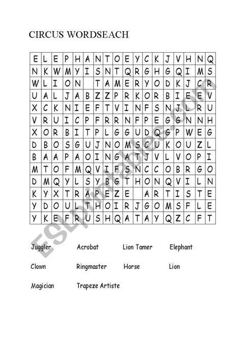 English Worksheets Circus Wordsearch Word Search Printable