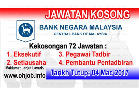 Portal kerjaya kerja kosong terkini hanya menyiarkan maklumat kekosongan jawatan untuk memudahkan anda membuat permohonan. Jawatan Kosong Bank Negara Malaysia (BNM) (04 Mac 2017 ...