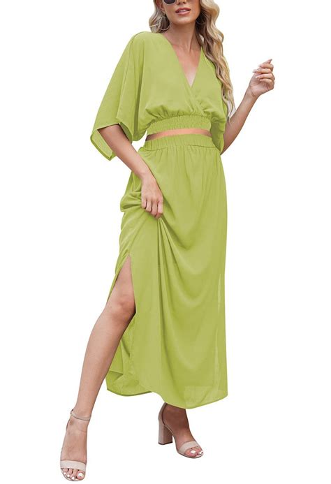 Meenew Womens 2 Piece Dress Wrap V Neck Crop Tops Split Summer Casual Loose Flowy Skirt Set