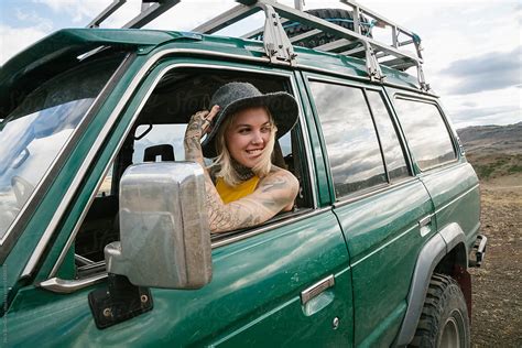 Young Blonde Tattooed Woman Sitting In The Green Car Pornick Bondarev